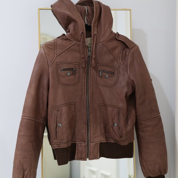 Michael Kors Jackets & Blazers - Michael Kors Brown Leather Bomber Jacket with Hood